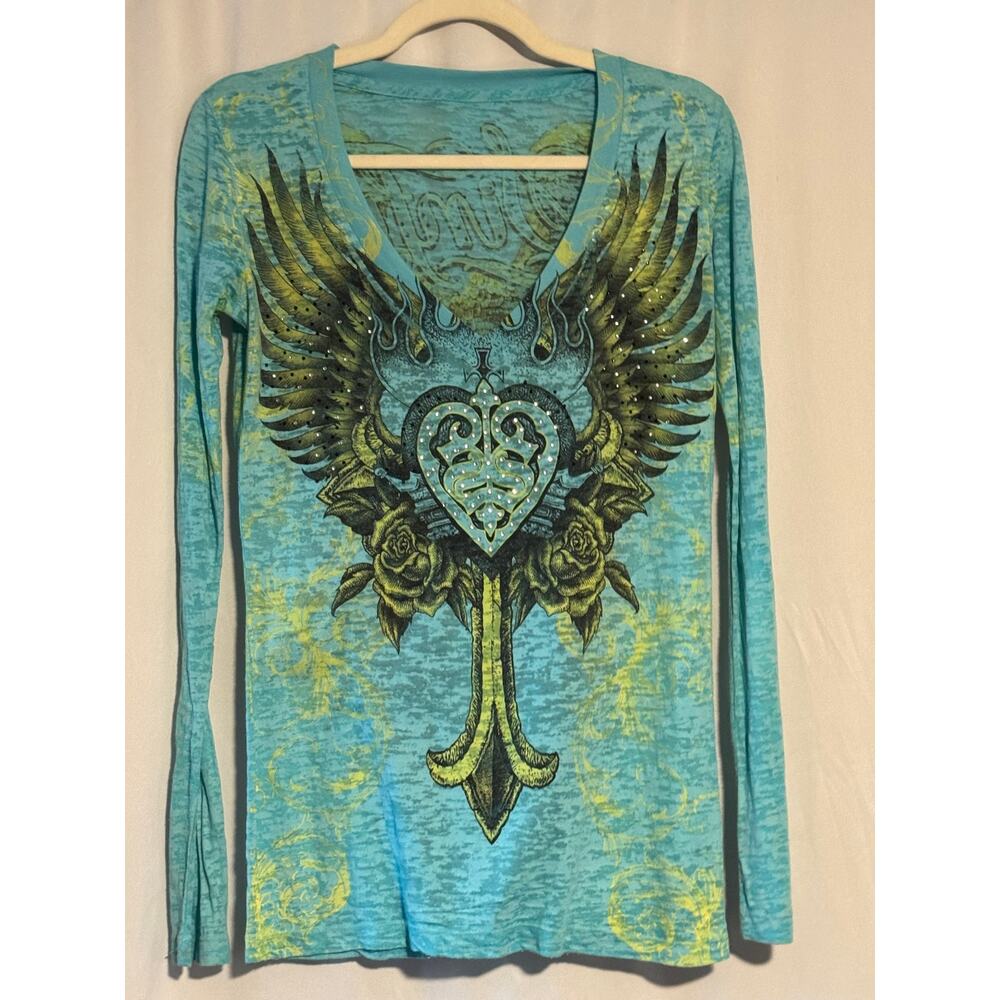 Sinful by Affliction Womens Medium Blue Burnout Rhinestone Wing Shirt
